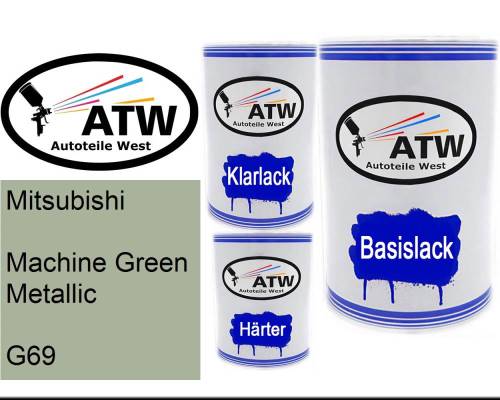 Mitsubishi, Machine Green Metallic, G69: 500ml Lackdose + 500ml Klarlack + 250ml Härter - Set, von ATW Autoteile West.